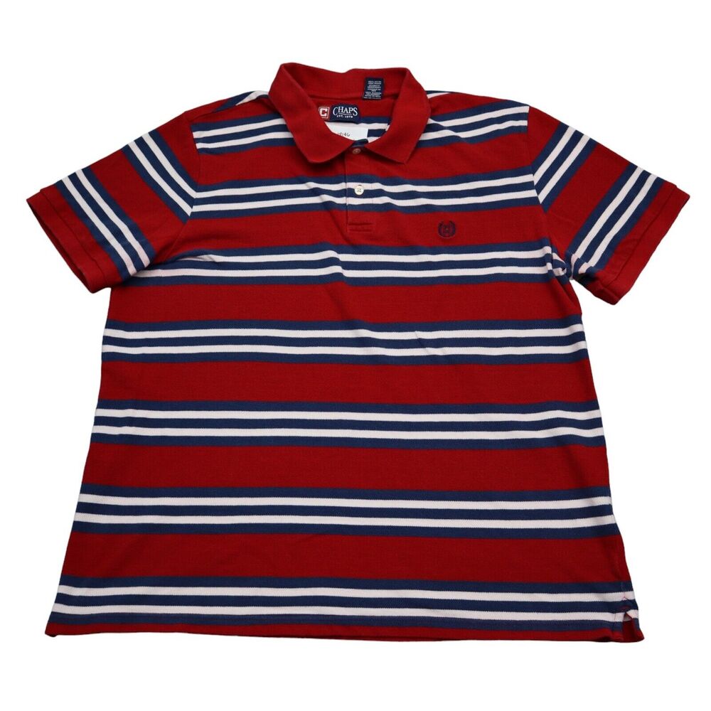 Chaps Shirt Mens XL Red Short Sleeve Stripe Collared Cotton Chest Button Polo